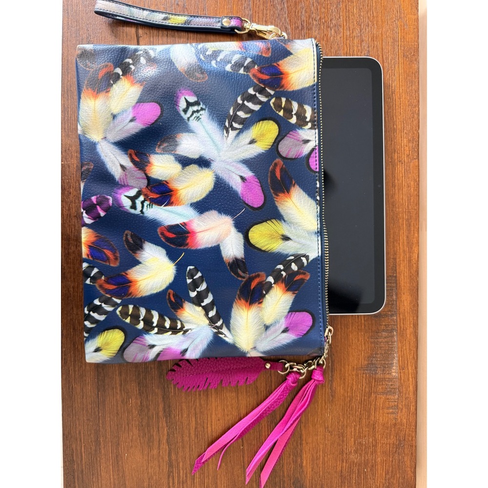 Feather Print Tablet Pouch Case Colorful Boho Zipper Clutch w/Tassel Charm Navy